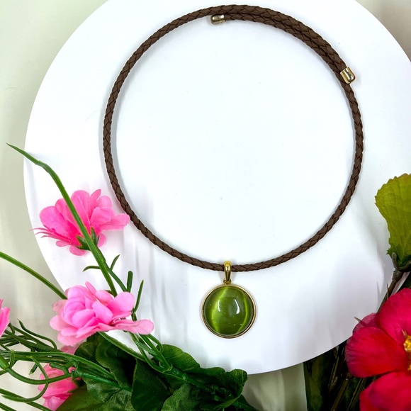 Jewelry - Braided Leather and Green Cats Eye Stone Vintage Rigid Choker Necklace